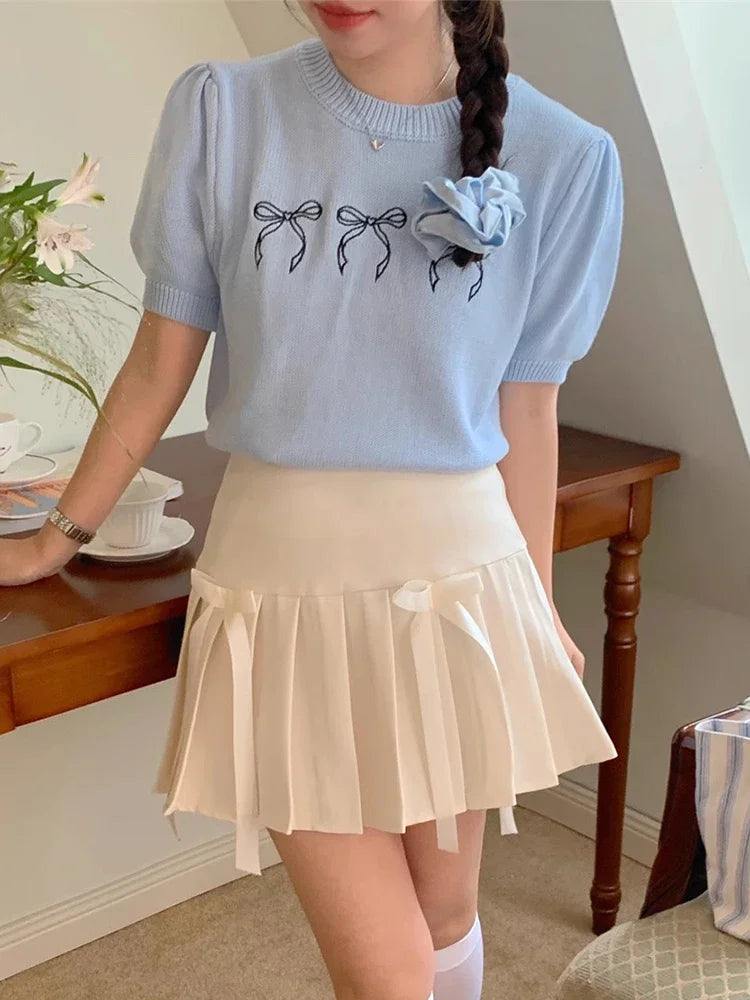 Bowknot Short Sleeve Round Neck Knit Top