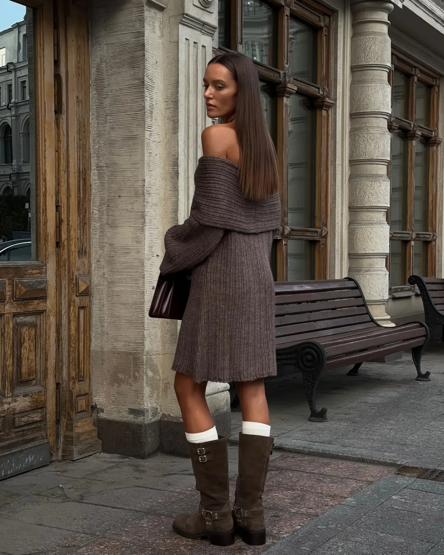 Off-Shoulder Long Sleeve Knitted Top