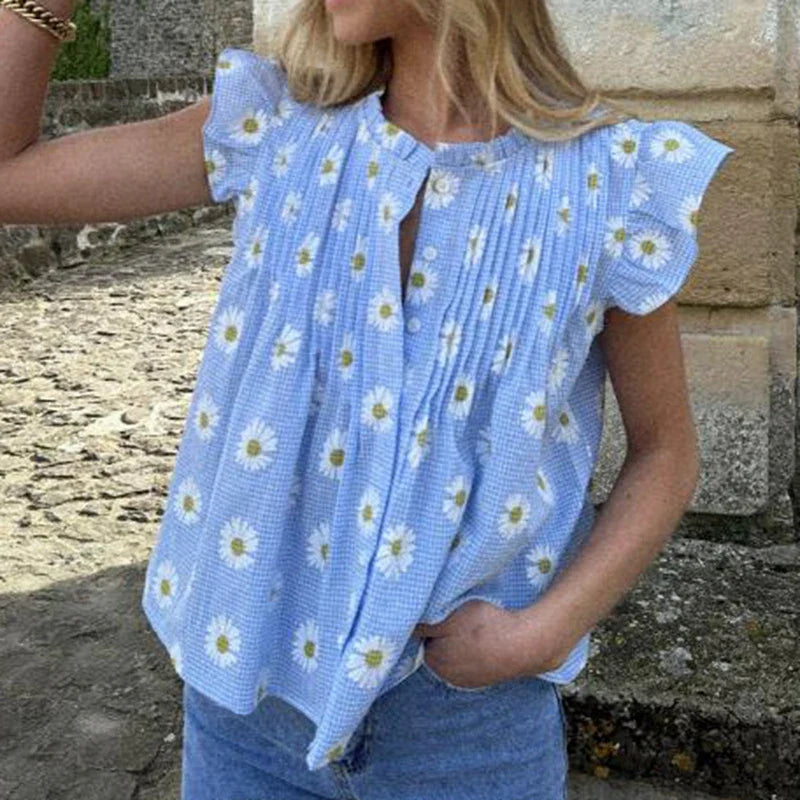 Floral/Plaid Patterm Flowy Peplum Blouse