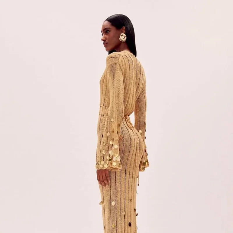 Beige Deep Neck Sequin Knitted Maxi Dress 