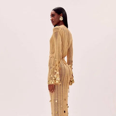 Beige Deep Neck Sequin Knitted Maxi Dress 