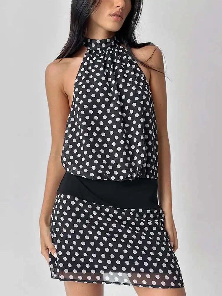 Black Polka Dot Mini Dress â€?Open Back Tie Up Halter