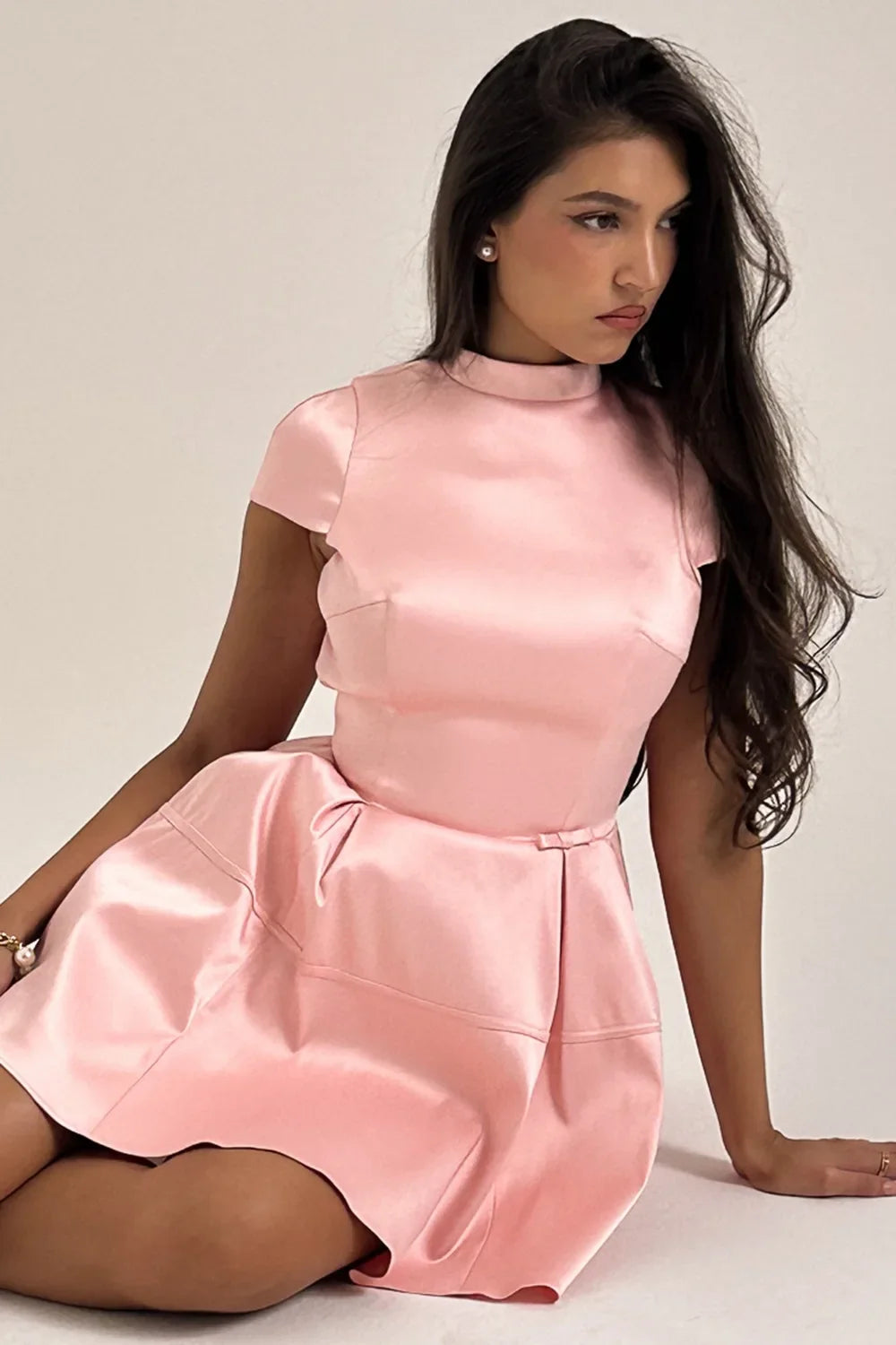 Pink Satin Mini Dress â€?Back Cutout & Flare Fit