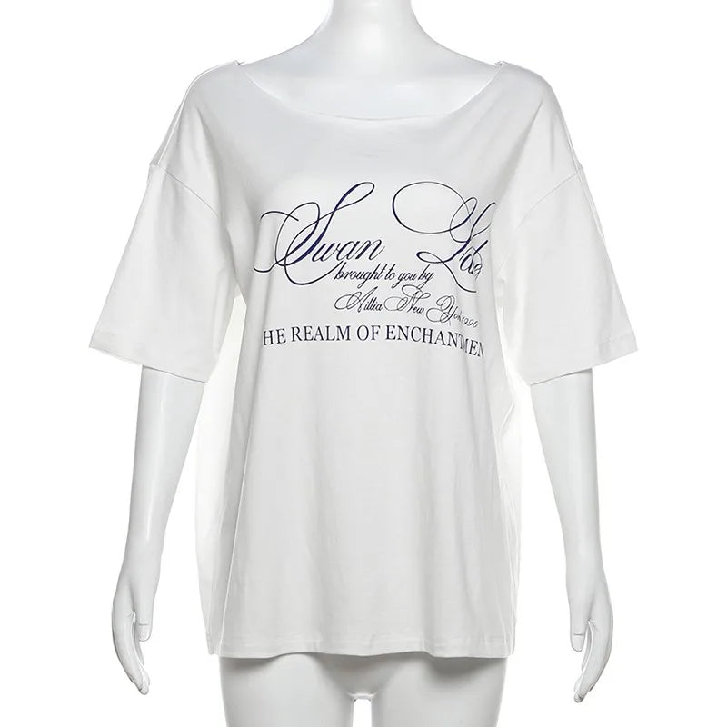 Swan Lake Asymmetry Shoulder Grpahic Tee