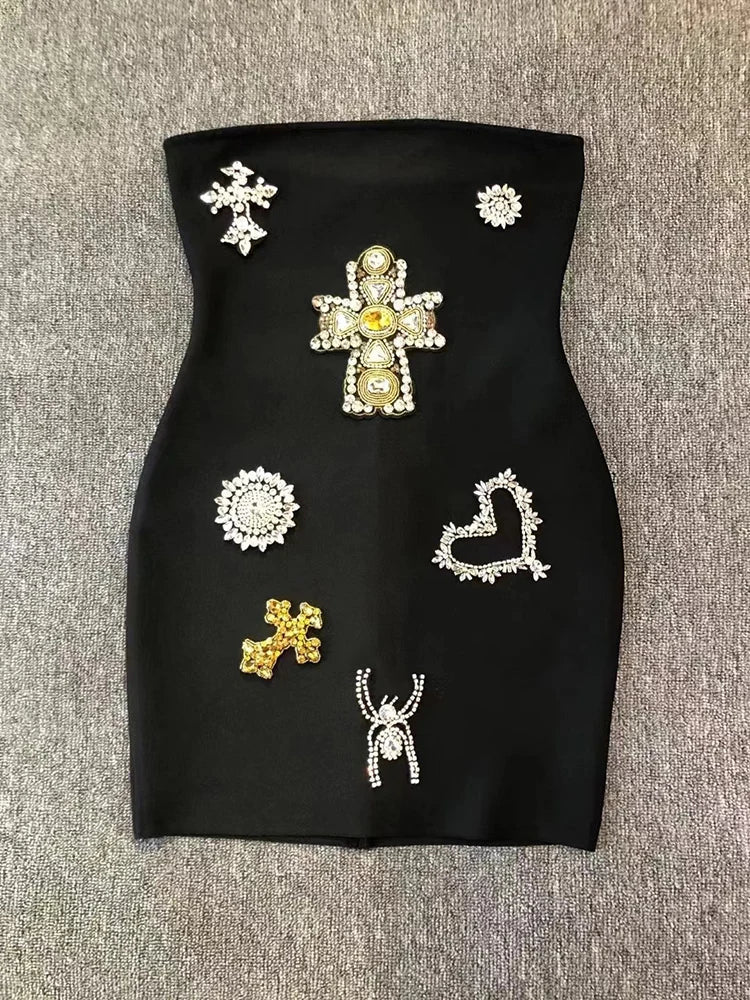 Black Strapless Diamond Embroidered Bodycon Mini Dress