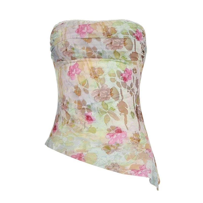 Floral Print Strapless Mesh Top - Vintage Knit Tank