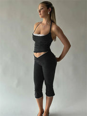Black Polka Dot Cami Top And Capri Pants Set