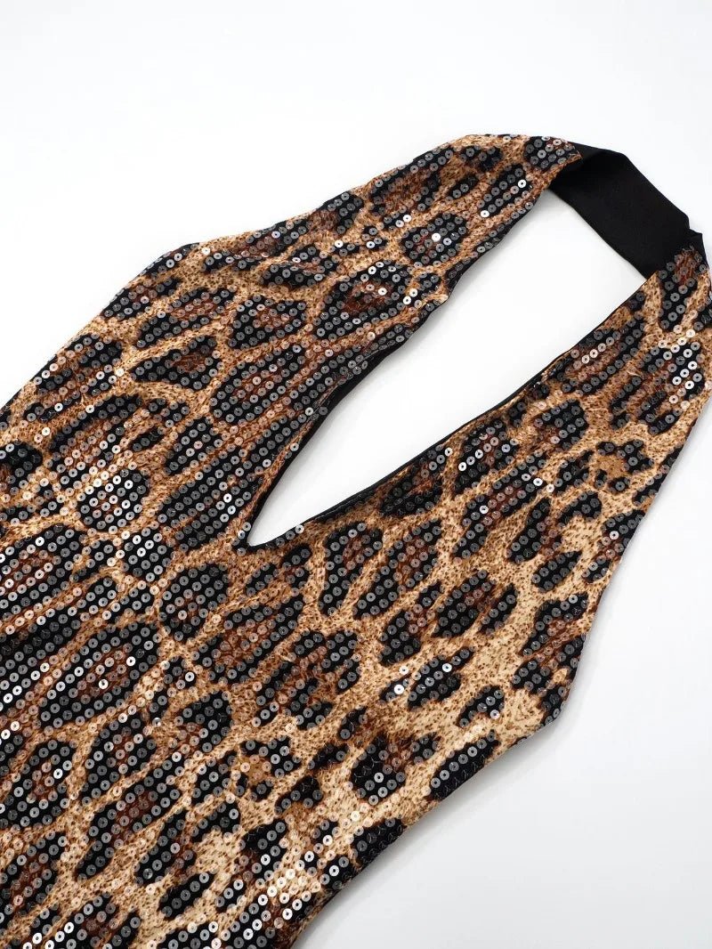 Leopard Print Sequin Deep Neck Halter Mini Dress