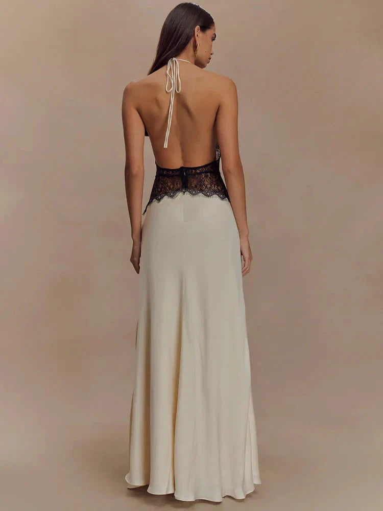 Lace Patchwork Halter Satin Maxi Dress