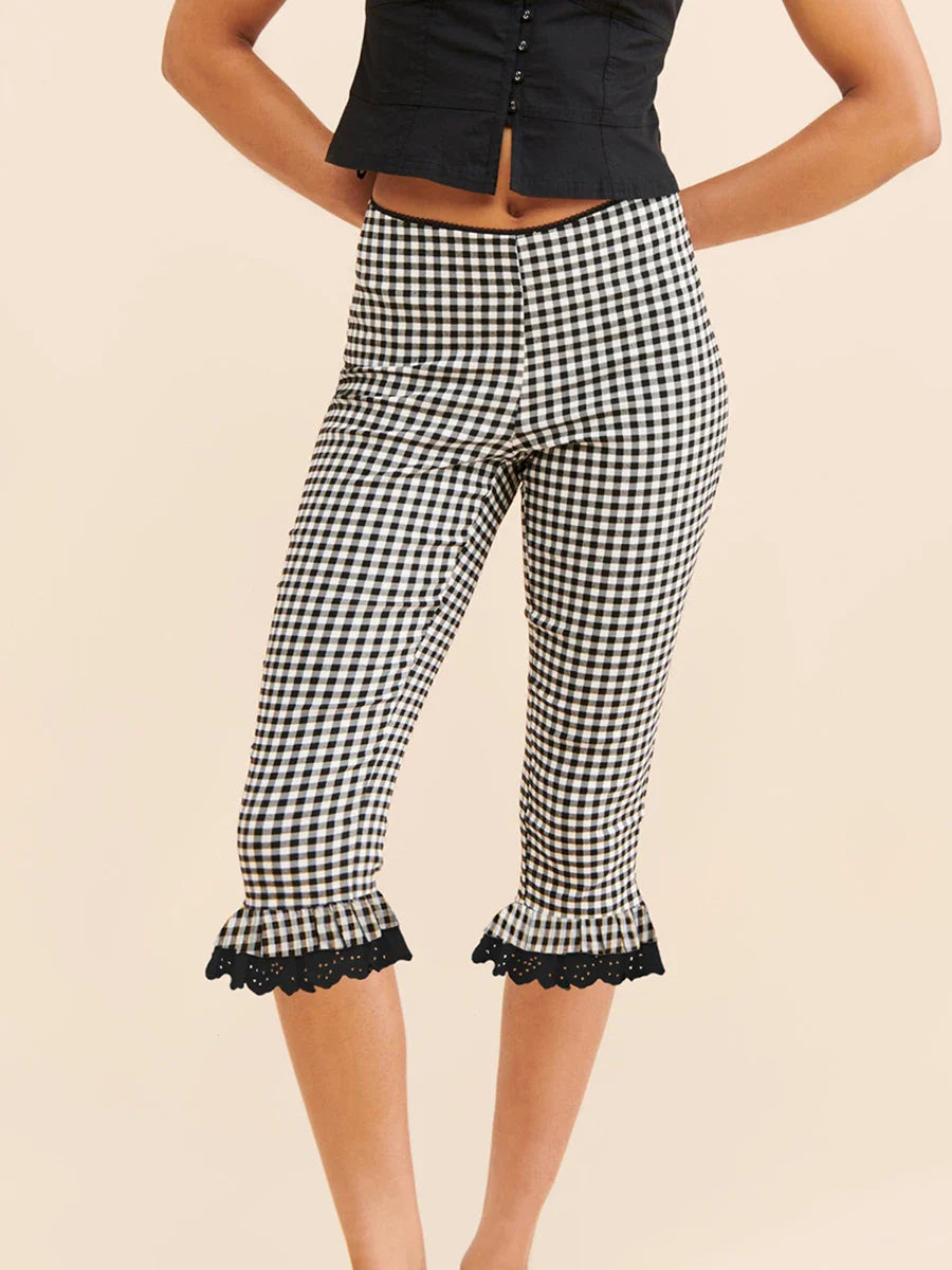 Plaid Lace Trim Capri Leggings