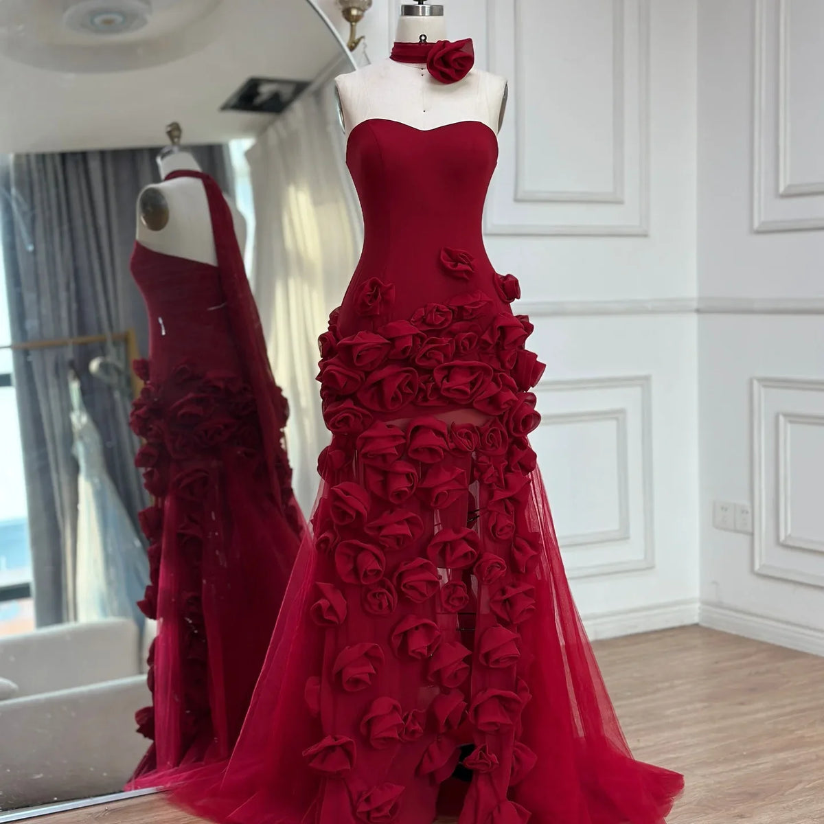 Strapless 3d Flower Tulle Shawl Gown