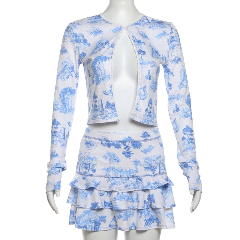 Printed Long Sleeve Crop Top And Mini Skirt Set