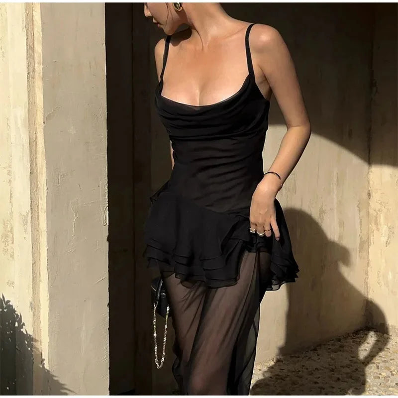 Black Mesh Frill Cami Top And Maxi Skirt Set