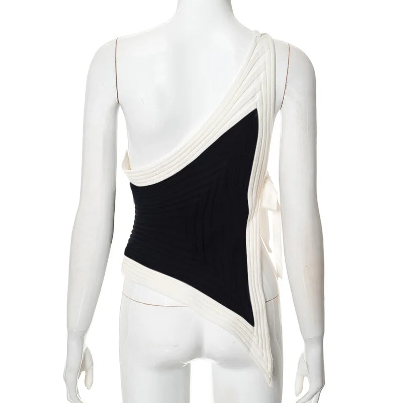 Black and White Color Block Asymmetrical One Shoulder Top