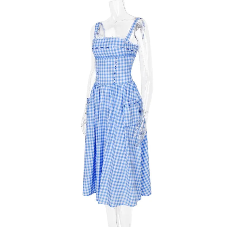 Blue Plaid Ribbon Lace Up Strap Midi Dress