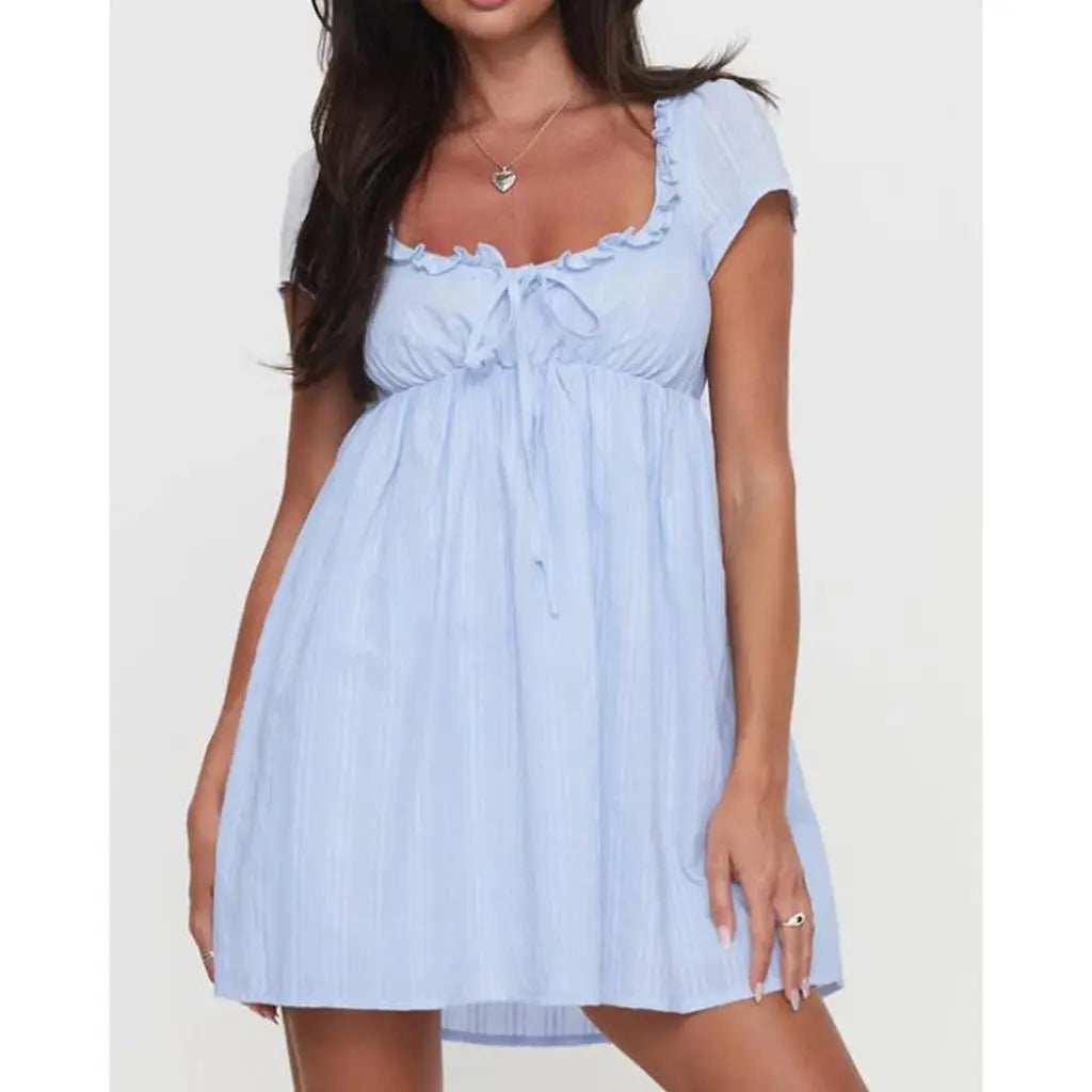 Ruffled Trim Square Neck Short Sleeve Loose Mini Dress