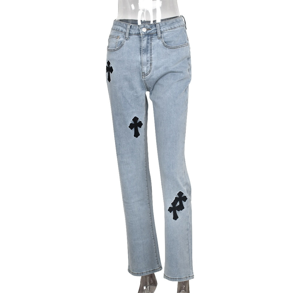 Low Waist Vintage Straight Denim Trousers Cyber Y2k Goth Pants Fashion Mom Jeans