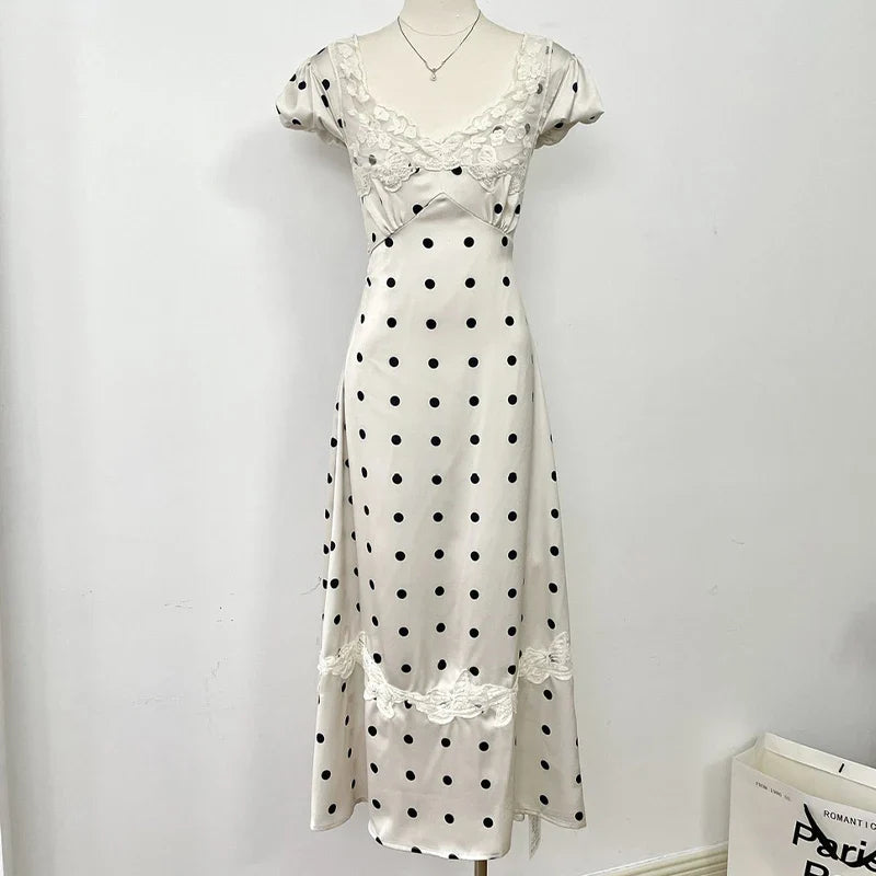 White Satin Polka Dot Maxi Dress