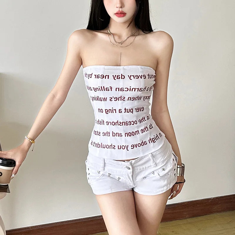 Letter Printed Mesh Tube Top - Backless Streetwear Tank