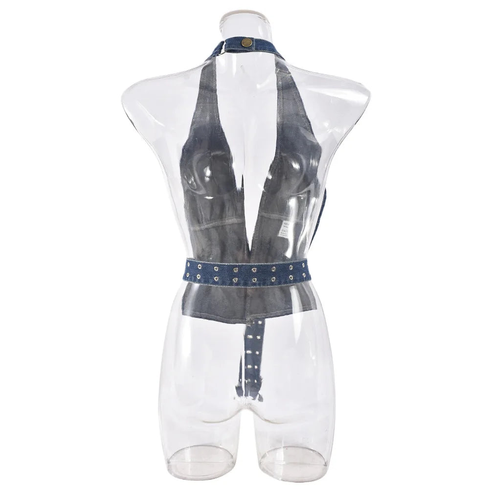Denim Strap Plunge Open Back Halter Top
