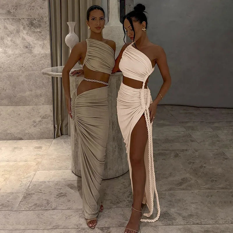Cut Out Rope Design One Shoulder Slit Midi Dress