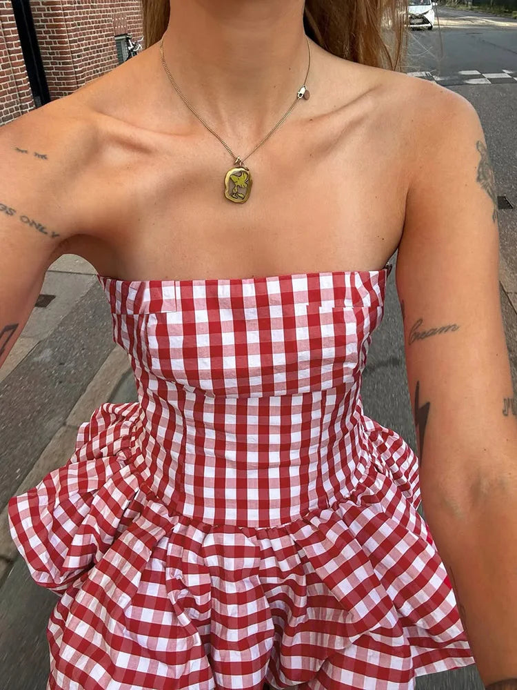 Red And White Checkered Print Strapless Top