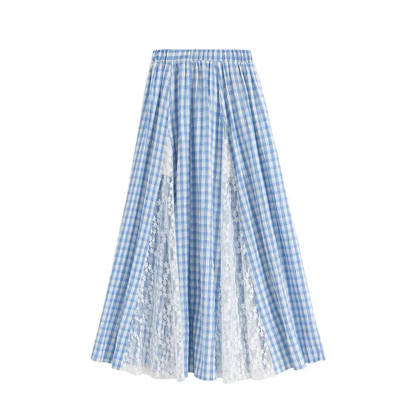 Blue Lace Patchwork Plaid Long Skirt
