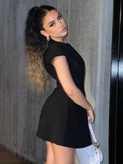 Black Deep Neck Short Sleeve Mini Dress