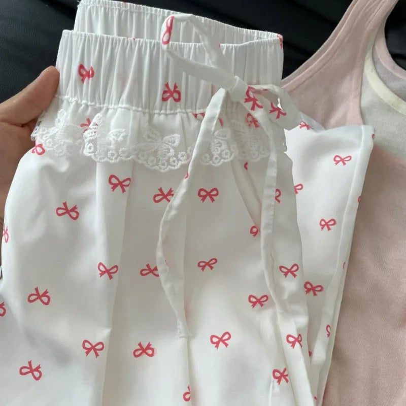 Bow Printed Wide Leg Pants