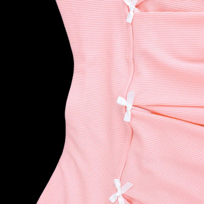 Pink Ribbed Cami Top And Bow Mini Skirt Set