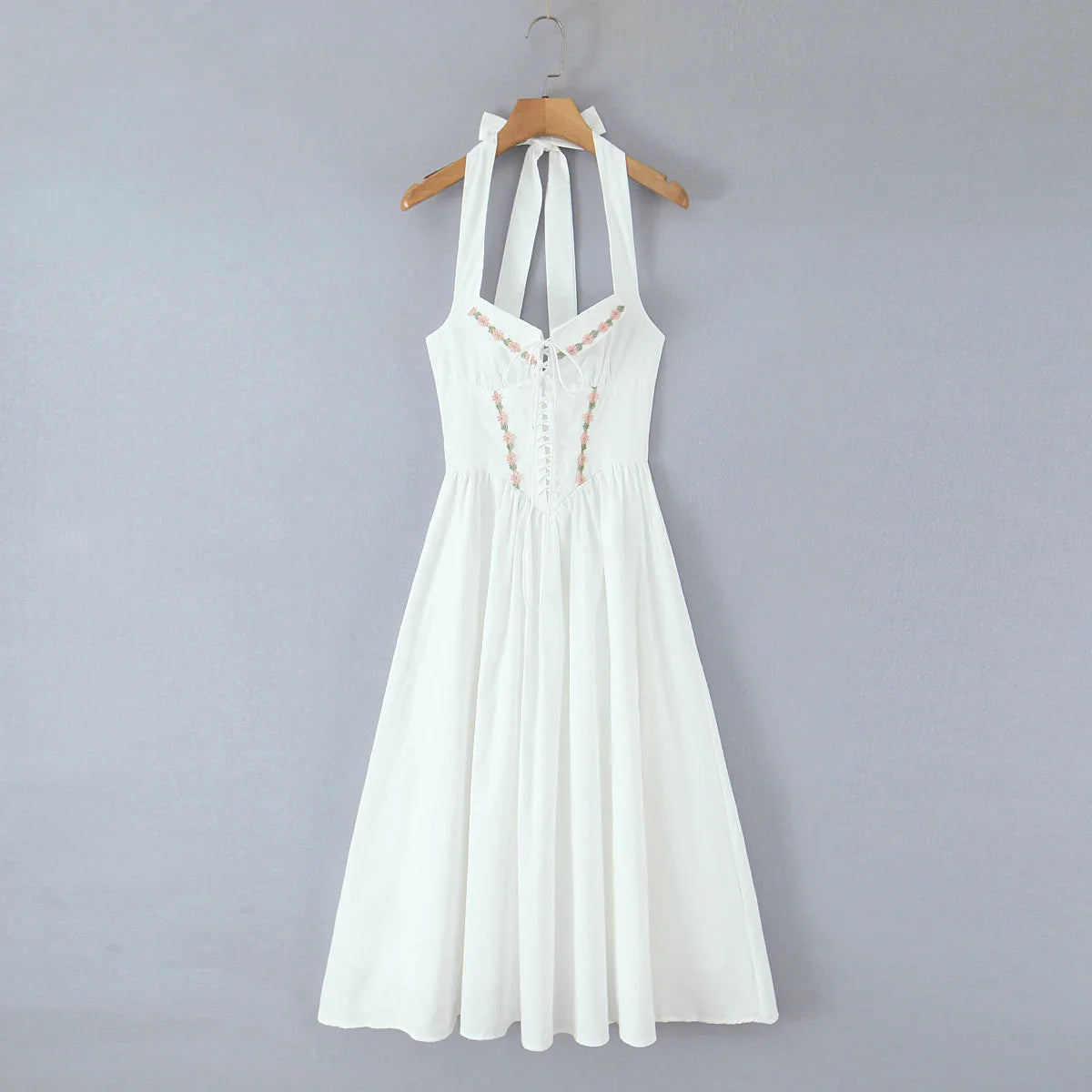 White Embroidery Flower Lapel Bow Halter Midi Dress
