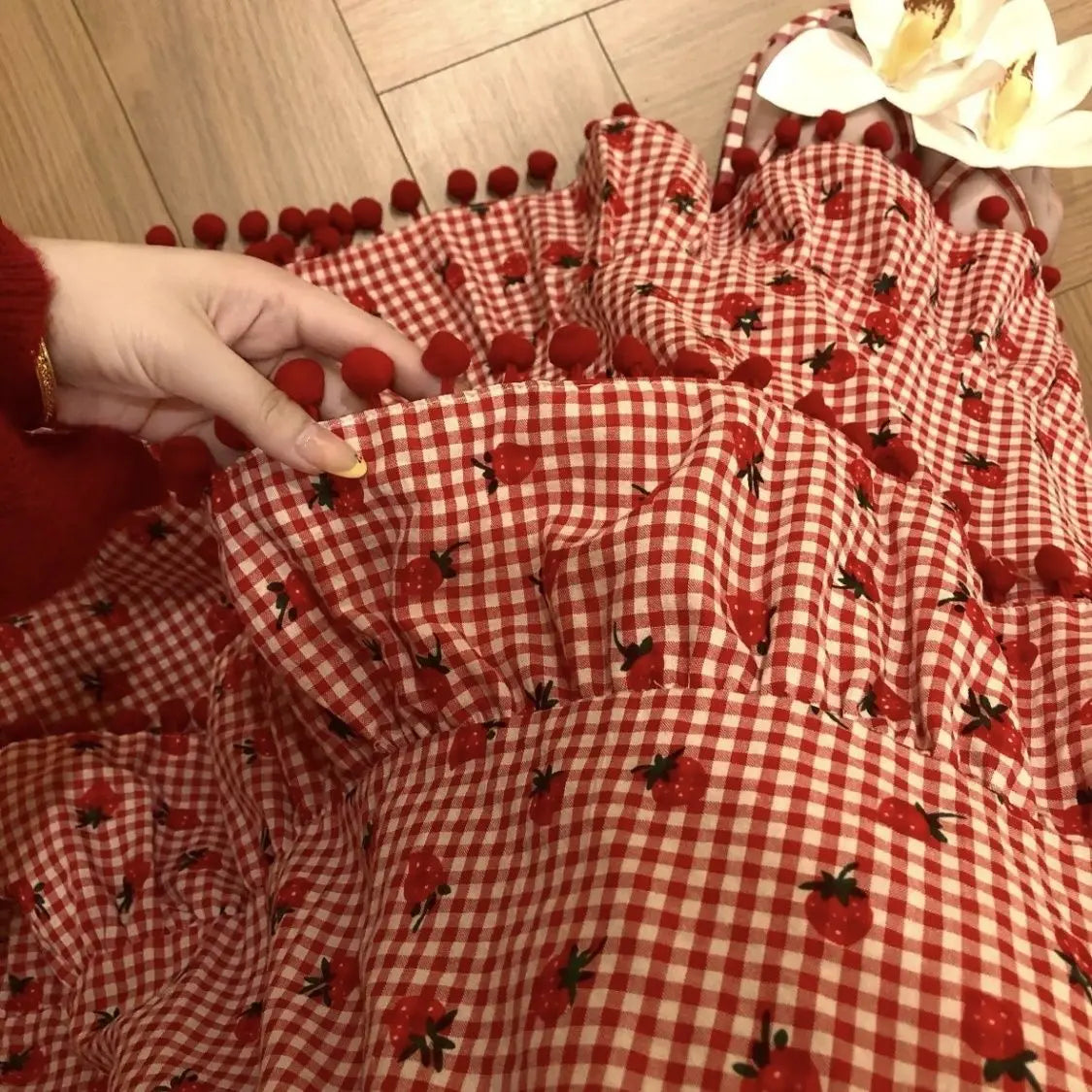 Red Strawberry Print Tassel Long Skirt - Sweet Ball Gown A-Line