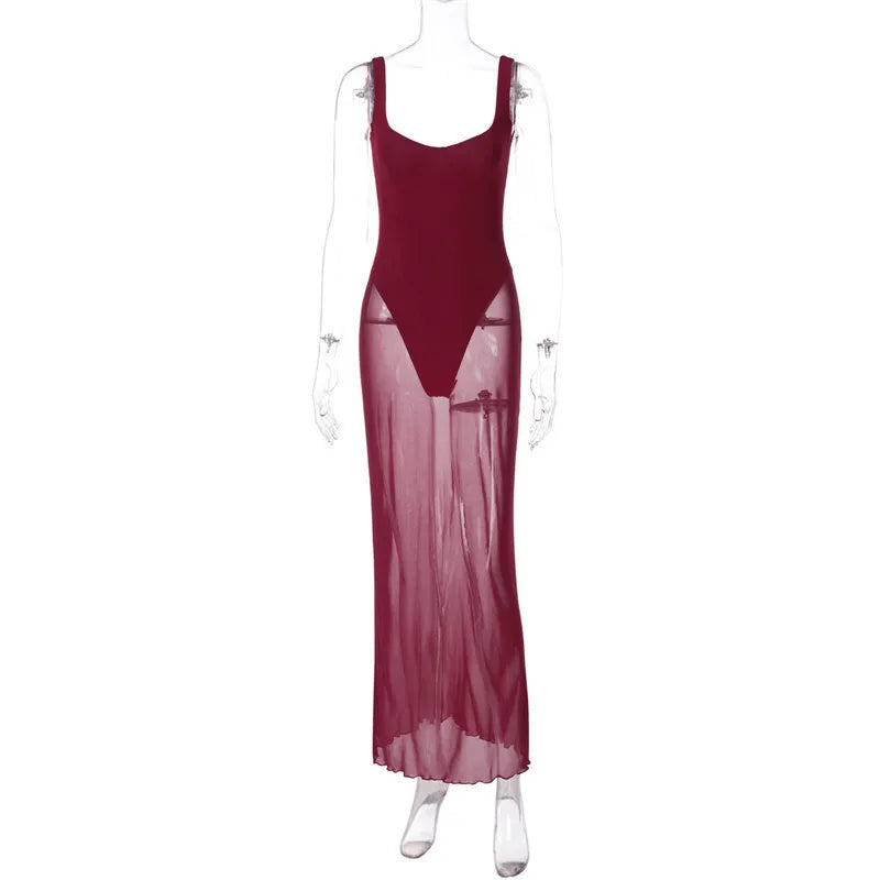 Solid Strap Mesh Bodysuit Maxi Dress