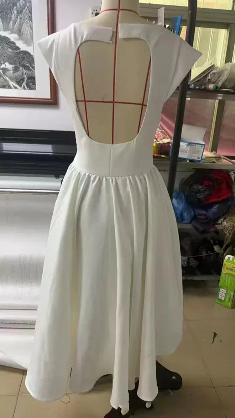 Solid Short Sleeve Flare High Neck Midi Dress