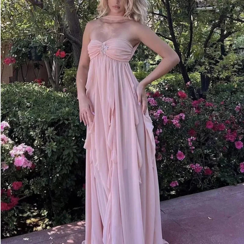 Ruffles Scarf Collar Long Dress