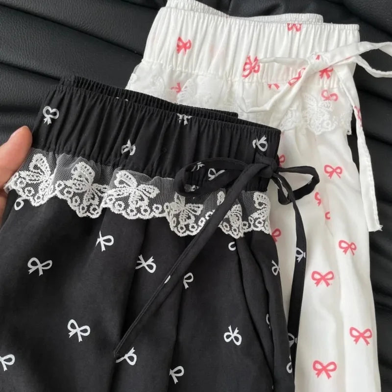 Bow Printed Wide Leg Pants
