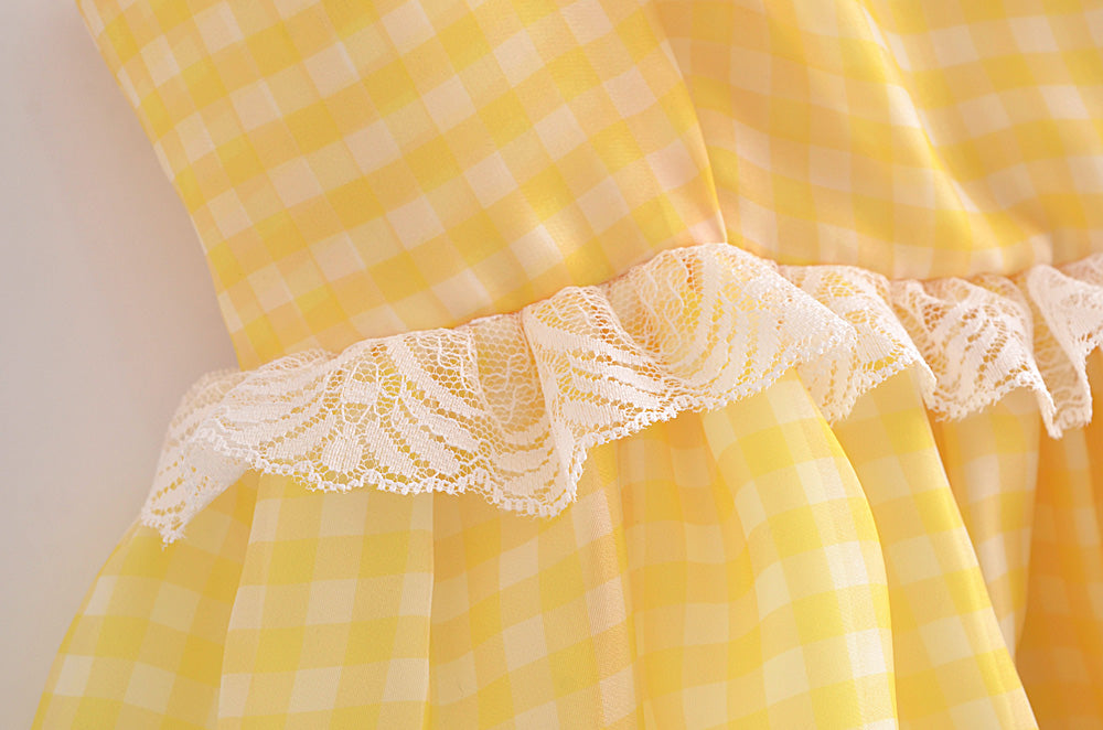 Yellow Plaid Puff Babydoll Mini Dress
