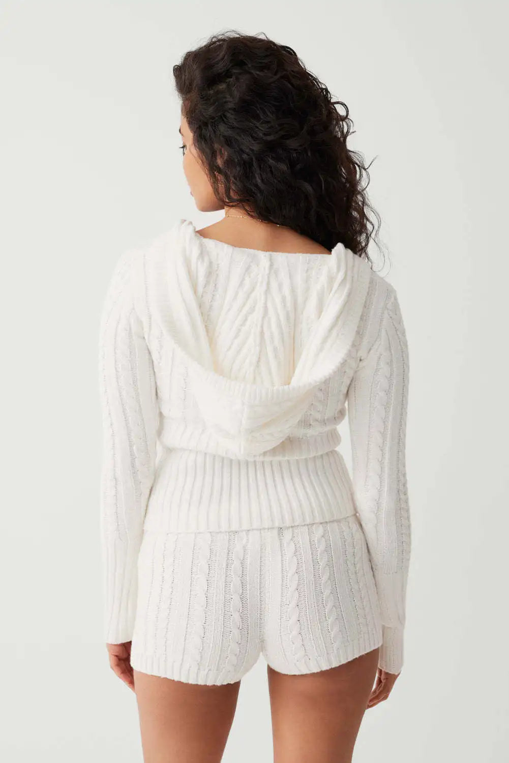 Long Sleeve Knitted V-Neck Hooded Sweater And Shorts Set