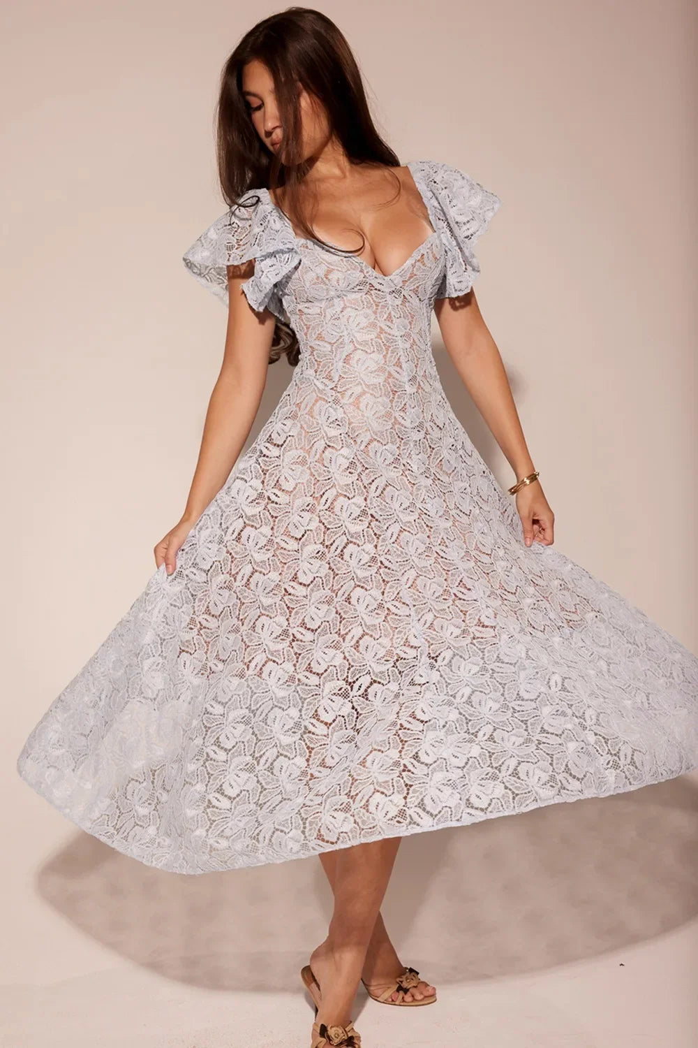 Blue Lace Flare Sleeve Midi Dress
