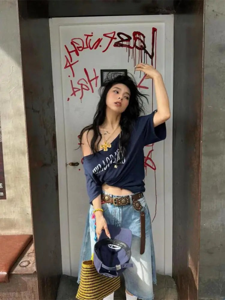 Blue East Cost Off Shoulder Graphic T Shirts