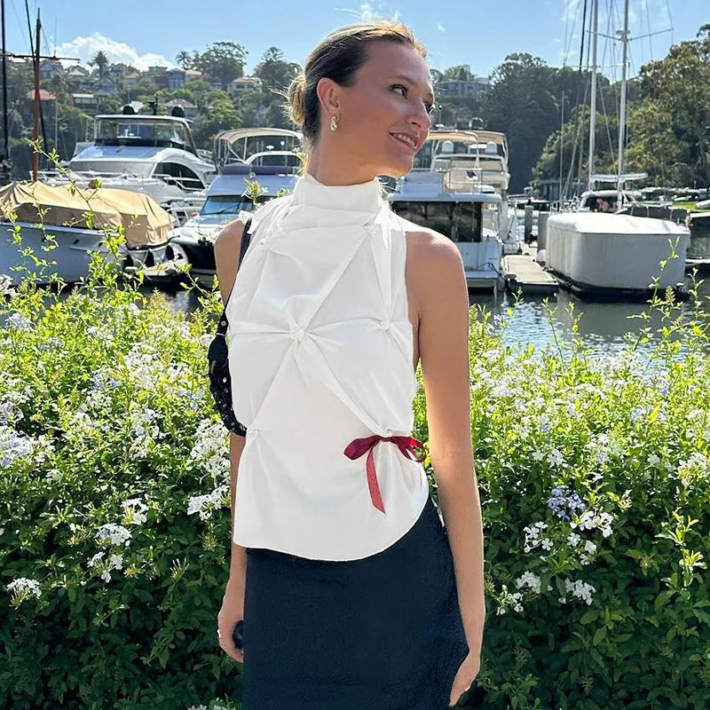 Halter Pinched Ruched Open Back Top