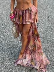 Floral Print Chiffon Ruffled Mini Draped Skirt