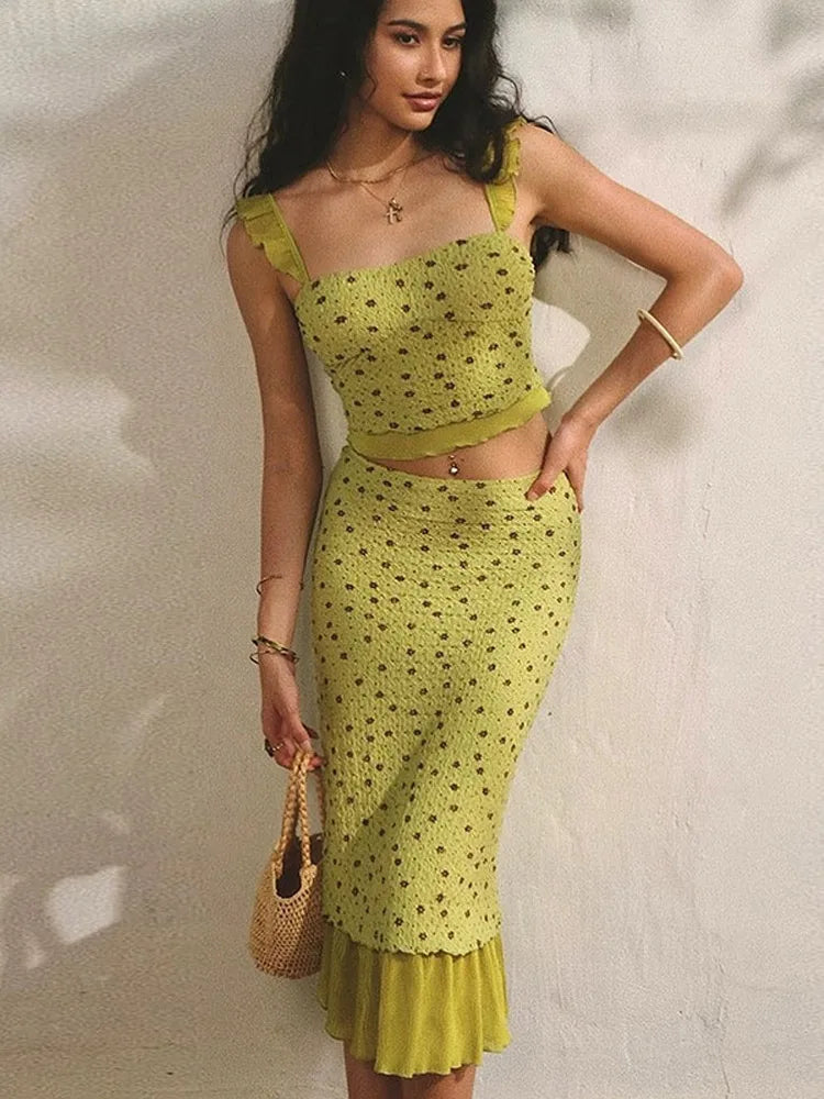 Ruched Floral Crop Top And Midi Skirt Set