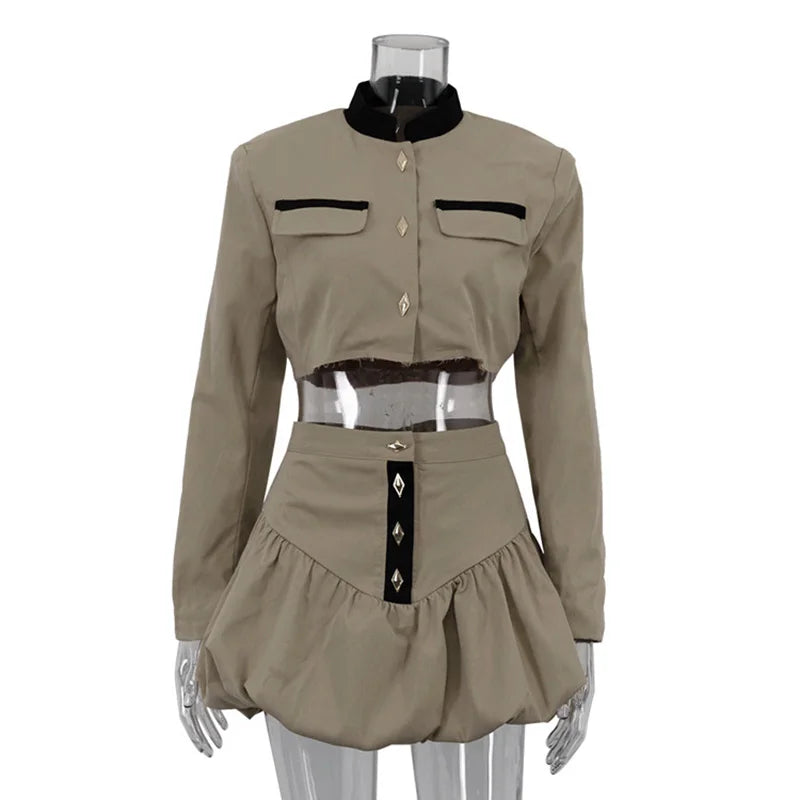 Crop Jacket And Puff Buttoned Mink Skirt Contrast Set