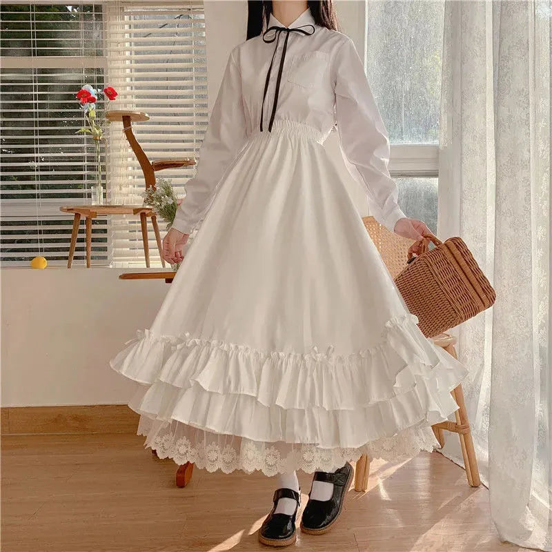 Ruffles Lace Trim Bow Maxi Skirt - Preppy A-Line