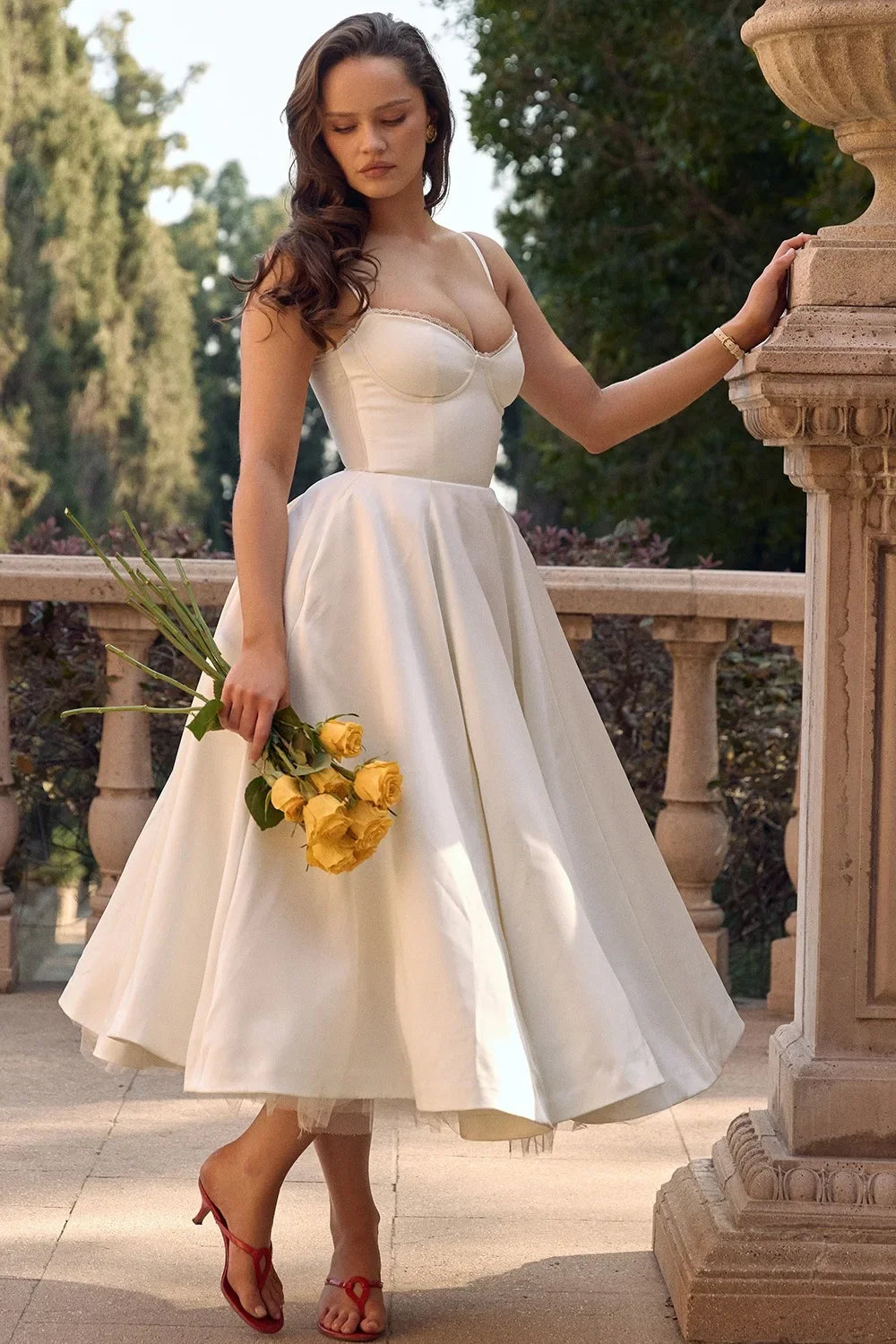 Satin Bustier Strap Tulle Midi Dress