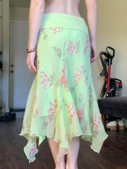 Green Printed Fringe Midi Skirt