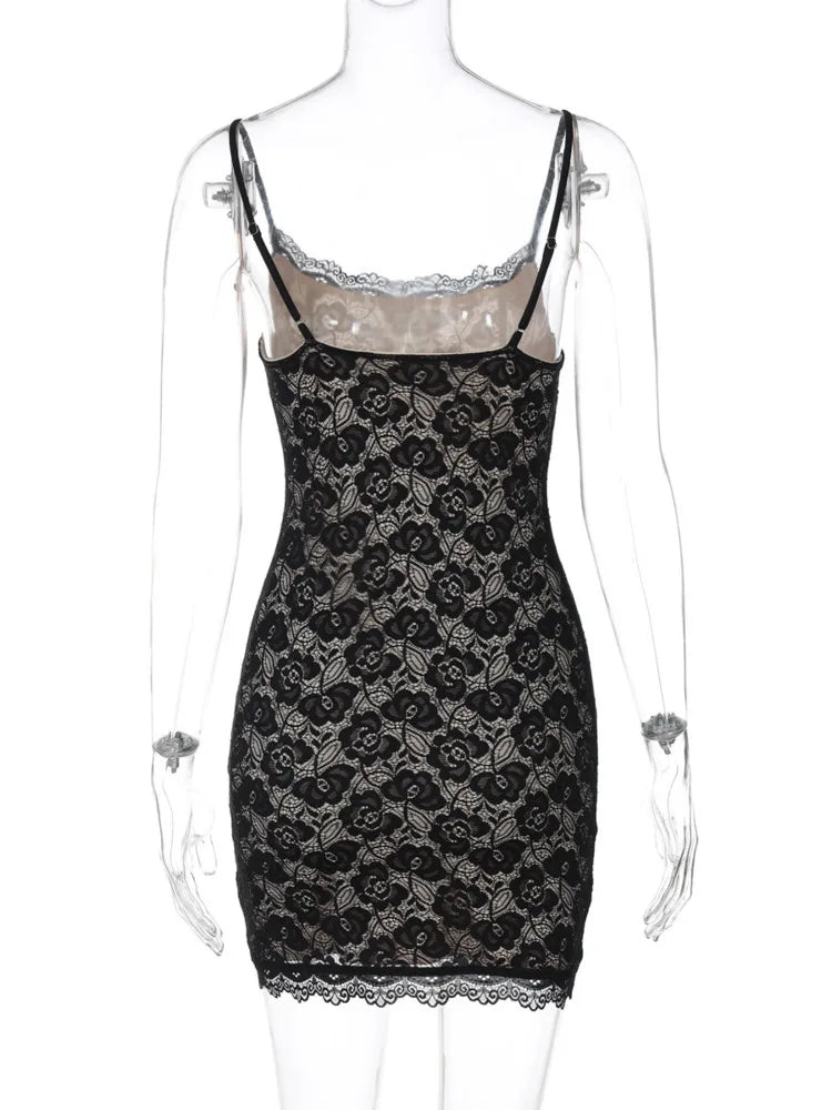 Black Lace Spaghetti Strap Mini Dress