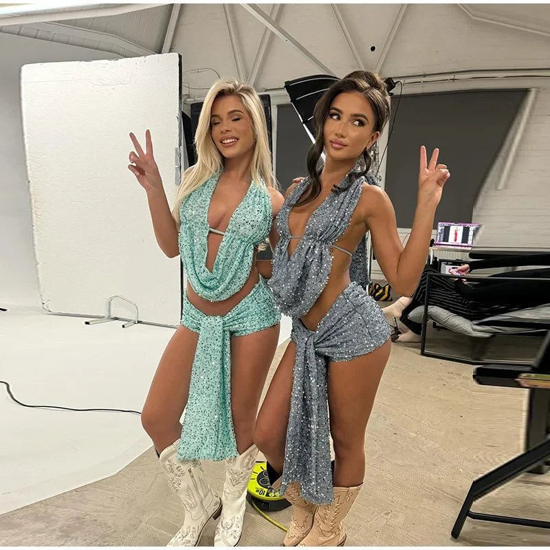 Sequins Deep Neck Halter Tank Top
