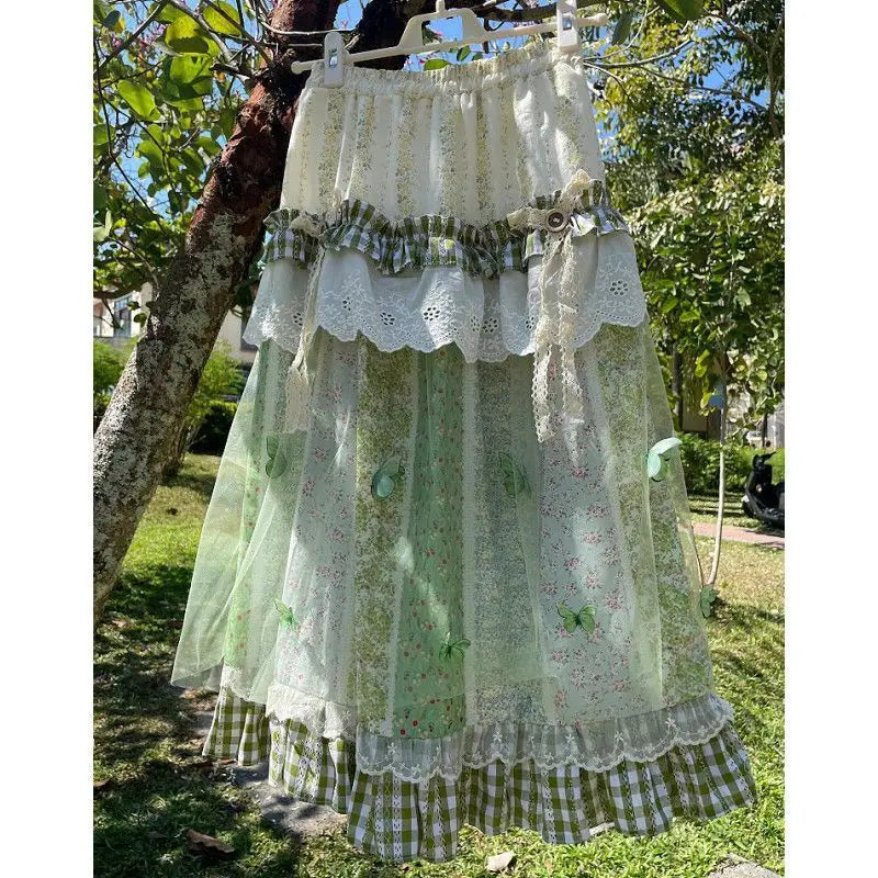 Green Floral Ruffle Long Skirt - Office Lady A-Line